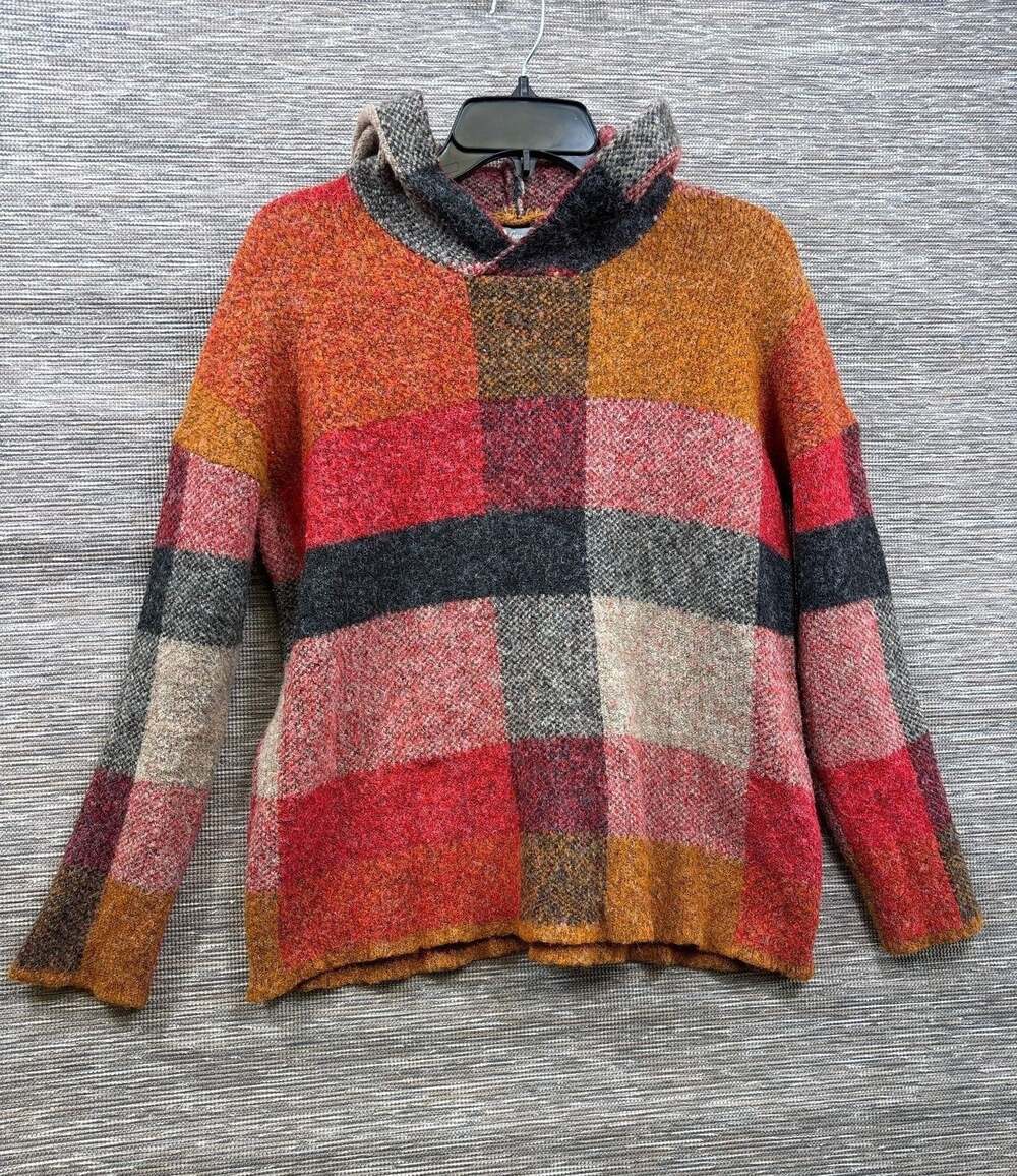 Natural Reflections Sweater Womens Small Plaid Hooded Cowl Neck Knit Pullover